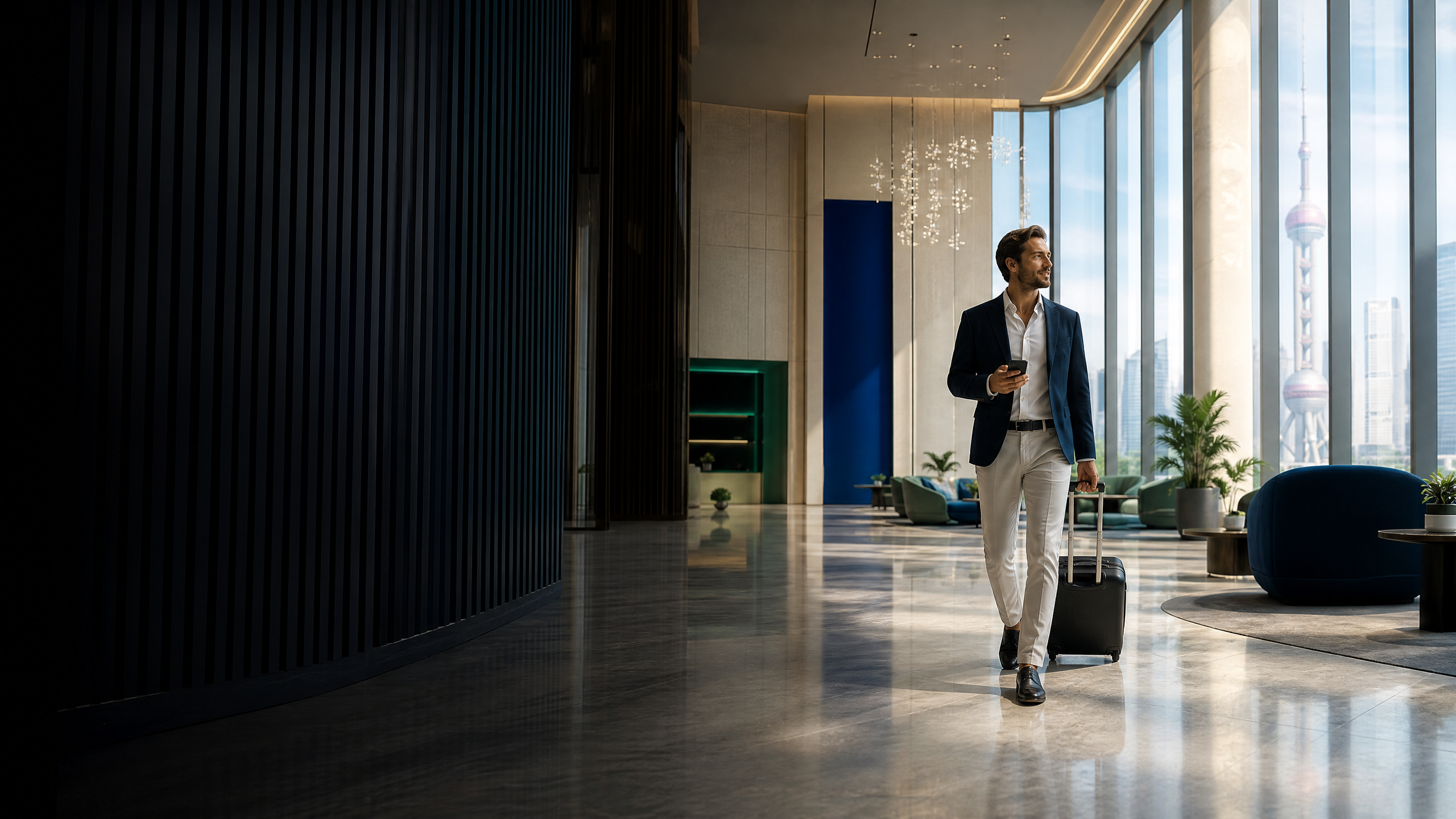 FinancalBond customer walking through a modern bank lobby