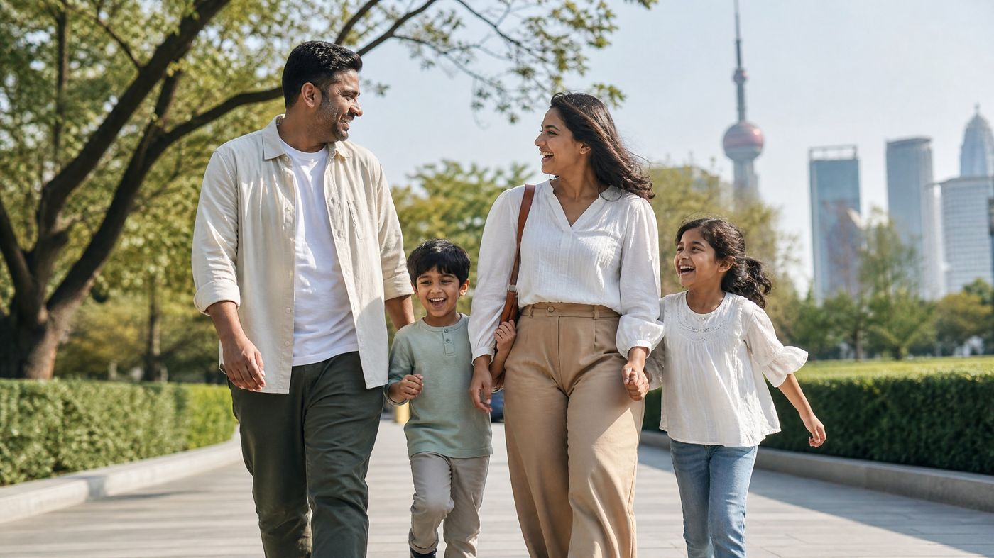 Expat family with two children walking together in a Shanghai park
