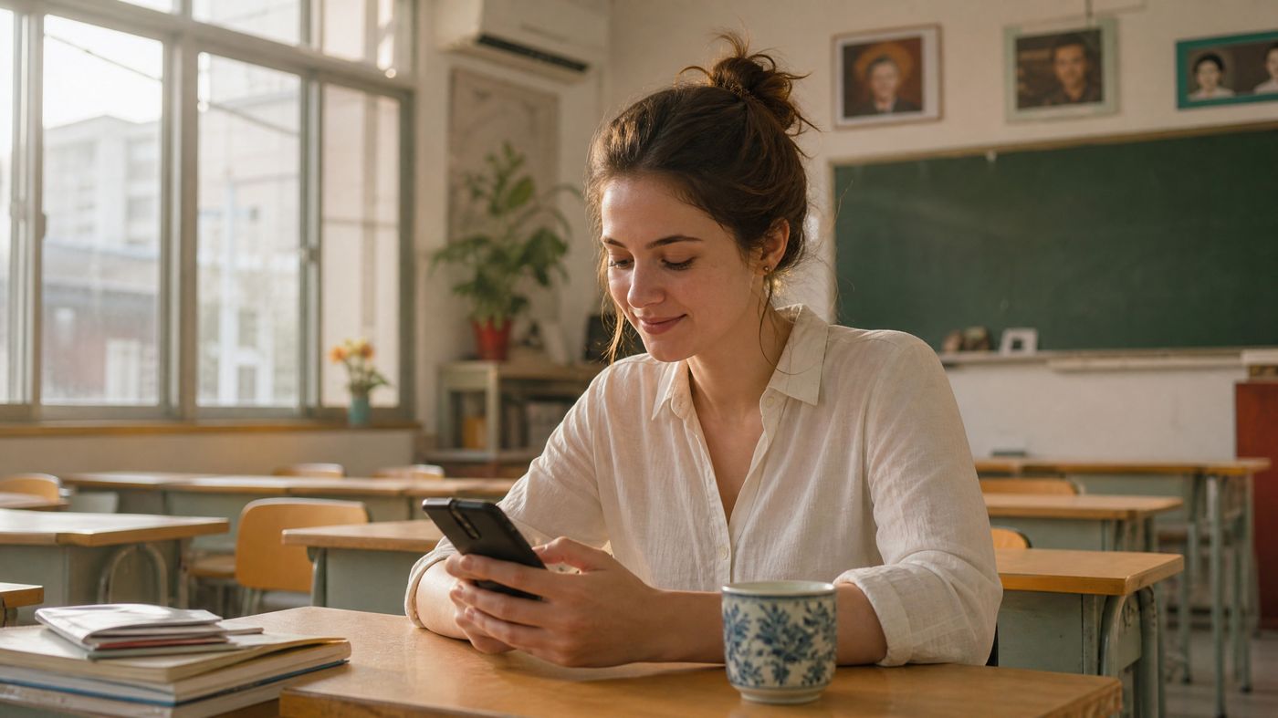 Young foreign teacher in China relaxing after class with her phone and a cup of tea