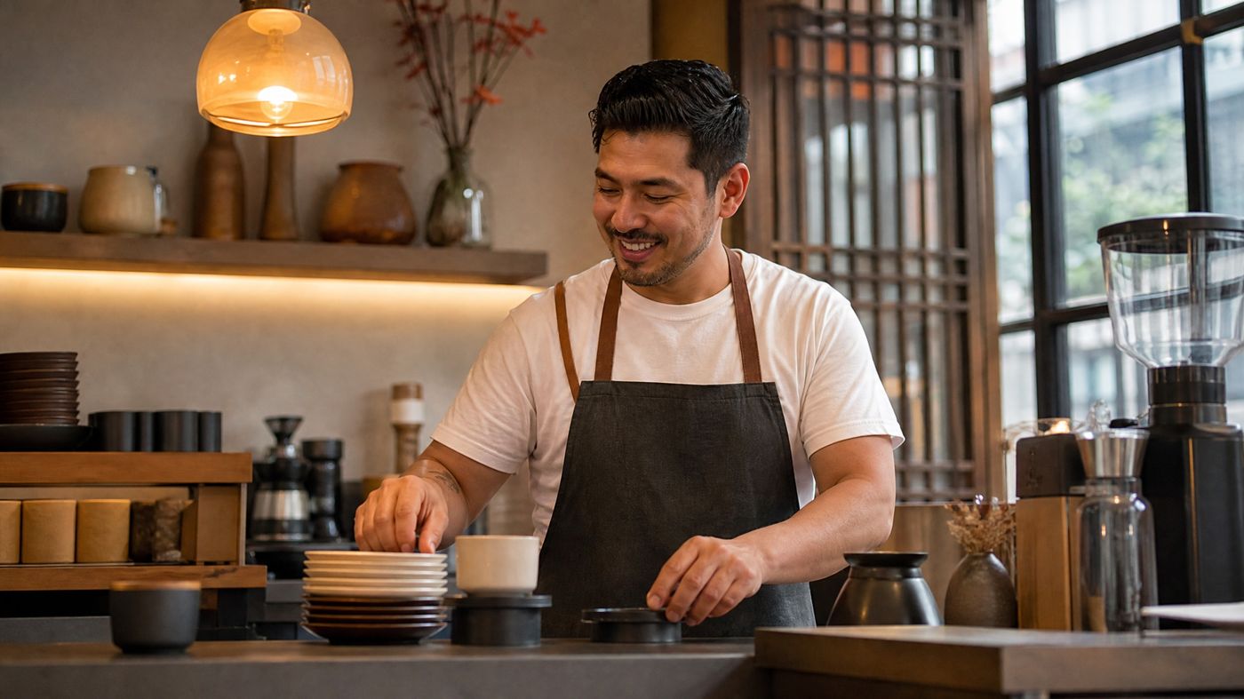 Latin American barista working at a modern cafe in China